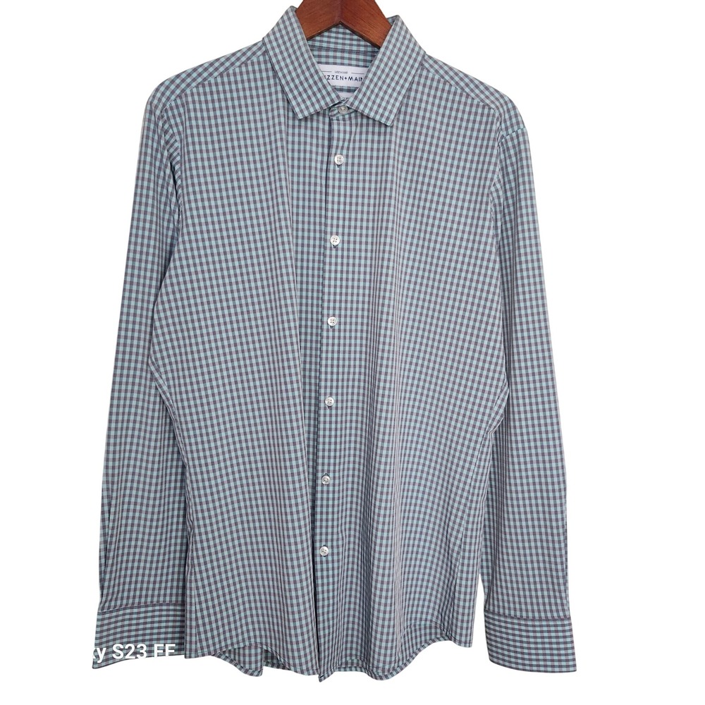 Mizzen+Main Leeward Shirt Men's Large Teal Gray Gingham Check Trim Fit Button Up